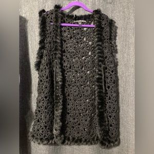 Josephine Chaus black crochet top with rabbit fur trim